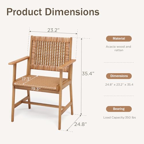 PHI VILLA Patio Dining Chairs, Set of 2, Acacia Wood & Wicker, Brown - color: Bright Brown, size: 2 Chairs Only