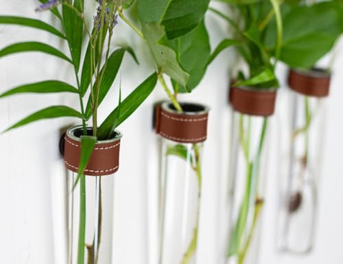 Magnetic Wall Hanging Plant Propagation Station - 4PC - Cognac Leather Wrapped Test Tube Vase Set, Modern Home and Office Decor, Hydroponic Plant Holder, Includes Wall Mount Magnets