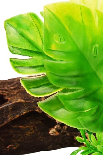 YAKCAM Driftwood Reptile Hide Cave, Aquarium Hideout w/Monstera 10.5x2.5 | Also Ideal for Amphibians & Lizards | Hollow Log Design | Life-Like 7" Monstera Plant | Terrarium Decor