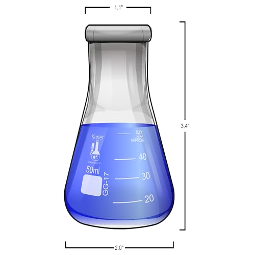 50ml Narrow Mouth Erlenmeyer Flask, Borosilicate Glass, Heavy Duty Rim, Thick Wall, Karter Scientific 213G26 (Single) - size: 50ml, style: Pack of 1