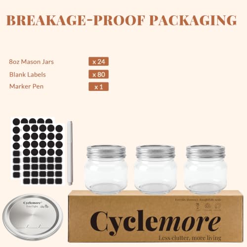 CycleMore 24 Pcs 8oz Clear Glass Mason Jars With Silver Spilt Lids | AirTight, BPA-Free, Dishwasher Safe, Half-Pint Canning Jars for Honey, Jam, Herb, Kitchen Storage, DIY Souvenir - size: 8oz - 24 Pack
