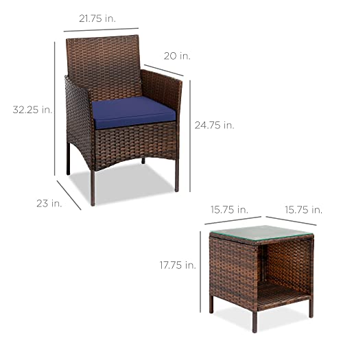 Best Choice Products 3-Piece Outdoor Wicker Conversation Bistro Set, Space Saving Patio Furniture for Garden w/Side Table - Brown/Navy - color: Brown/Navy