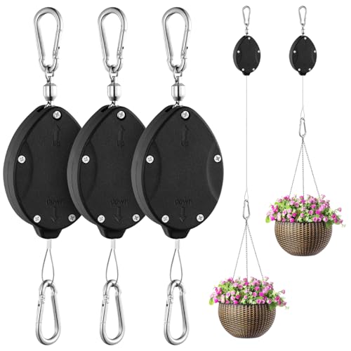 3 Pack Heavy Duty Plant Pulley, Retractable Plant Hanger with Steel Rope | 63" Stainless Steel Rope, Quick Lock Retractable Design, Adjustable Hook for Hanging Plants, Bird Feeders & Grow Lights