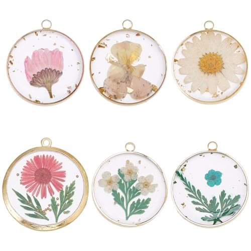 SUNNYCLUE 1 Box 12Pcs Dried Flower Resin Charms Pressed Flower Charm Round Shape Gold Edge Resin Floral Pendants for Jewelry Making Necklace Earring Keychain Bookmark Jewelry Making DIY Crafts