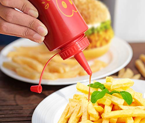 New Star Foodservice Condiment Squeeze Bottle Set, 12 Oz, Plastic, Smiley Face Design + Caps, Red, Yellow and Clear, 3-Pack