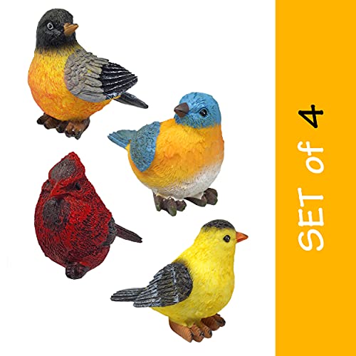 Songbird Garden Figurines Set of 4 – Cardinal, Bluebird, Goldfinch & Robin – Decorative Bird Statues for Home Décor, Spring Decorations, Crafting, Shelf Table Display – 3.75" W x 3" H - size: 4 pack