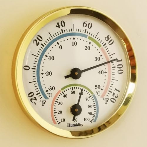 Mini Analog Hygrometer Thermometer - High Precision Humidity Temperature Gauge with Aluminum Alloy Case for Indoor Home Office Room Car Patio Sauna Garden Wall Mount(Gold)
