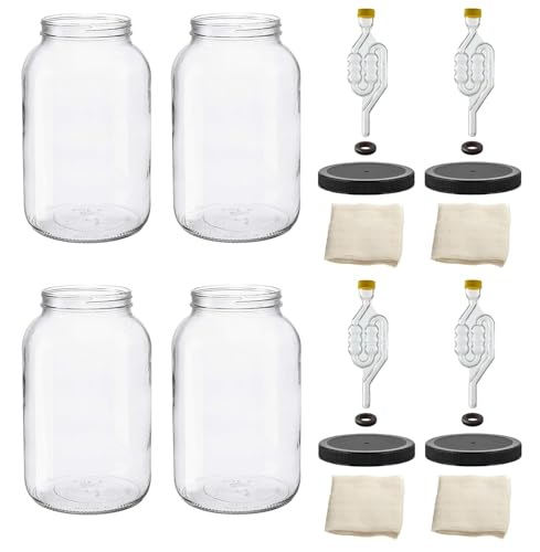 North Mountain Supply 1 Gallon Glass Wide Mouth Jar With Drilled Black Plastic Lid, 6 Bubble, & Cheesecloth - Set of 4 - USDA Approved, BPA-Free, Dishwasher Safe For Fermenting