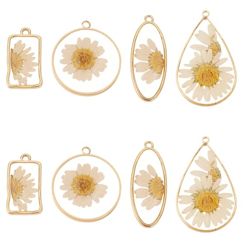 Natural Dried Pressed Flower Charms Geometric Shape Dried Flower Resin Charms Epoxy Resin Floral Pendants for DIY Crafts Necklace Earring Keychain Jewelry Making - color: Golden-Daisy