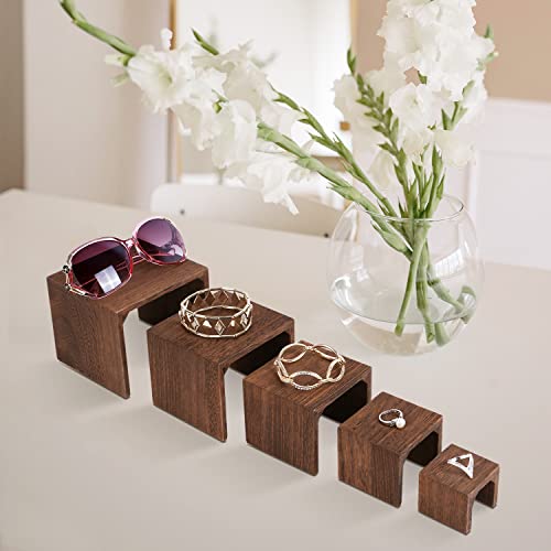 MOOCA Wooden Jewelry Display Stand Set, 5-Piece Product Risers | 5-piece brown wooden riser set in varied heights creates tiered displays for rings, watches, necklaces, and bracelets. - color: Brown N Shape, 5 Pieces