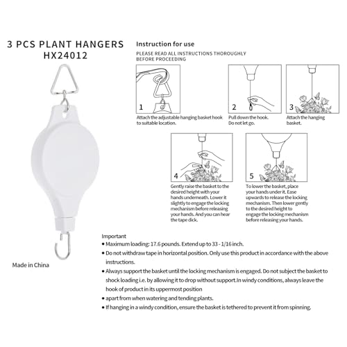 3Pcs Retractable Plant Hanger - Upgrade Plant Pulleys for Hanging Plants, Easy to Raise and Lower, Suitable for Garden Flower Pots, Hanging Planter, Bird Feeder (3Pcs-White) - color: 3pcs-white