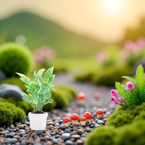 2Pcs 1/12 Miniature Green Plants Dollhouse Decoration Accessories, Mini Potted Plant Artificial Tiny Greenery Ornament Faux Flower Model Decoration