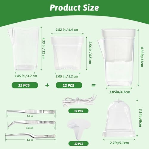 12 Pack 2.5" Self Watering Propagation Pots with Humidity Dome | Clear Plastic Seed Starter Cups, for Seedlings, Cuttings, Succulents, Herbs, Vegetables, 12 Plant Labels Included