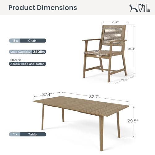 PHI VILLA Outdoor Dining Set, Rectangular Acacia Wood Table 9 Piece - color: Light Brown, size: 8 Seats