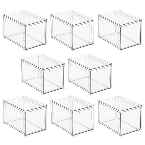 mDesign Plastic Stackable Bathroom Storage with Pull Out Bin Organizer Drawer for Cabinet, Vanity, Shelf, Cupboard, Cabinet, or Closet Organization - Lumiere Collection - 8 Pack - Clear - size: 12 x 8 x 8 (Pack of 8)