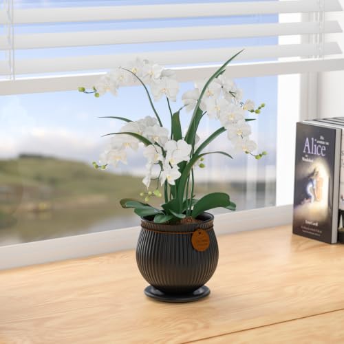 8.3 Inch Black Ceramic Planter with Drainage Hole and Saucer - color: Matte Black, size: Large