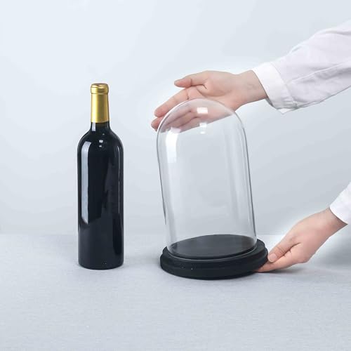 CYS EXCEL Glass Dome Cloche (H:9.25" D:5.5”) with Black Wood Base Decorative Showcase Display for Antique Collectible Bell Jar Terrarium Dessert Cover - color: Black, size: H-9.25" D-5.5"