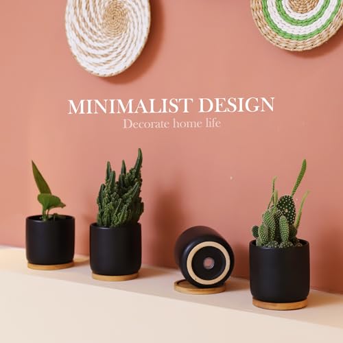 4 Inch Ceramic Black Plant Pots with Saucer and Drainage Hole, Set of 4 - color: Black