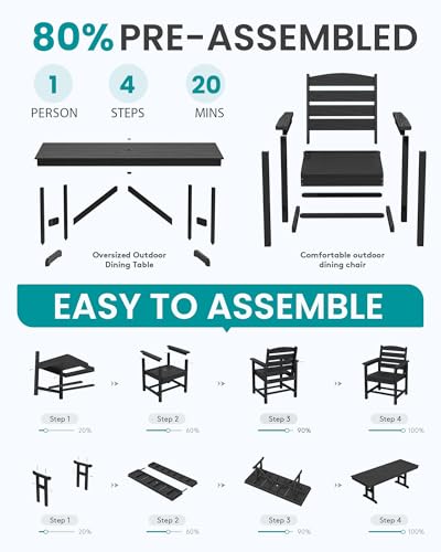 SERWALL 10Pcs 84" HDPE Outdoor Dining Set w/Armchairs & Umbrella,Black - color: Black, size: 10 Piece (Table+8 Armchairs+Umbrella)