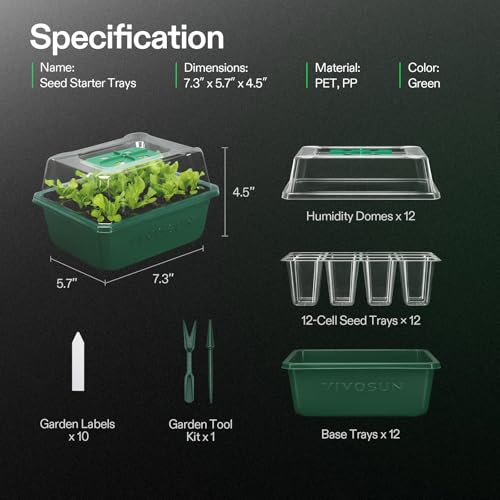 VIVOSUN 12-Pack Seed Starter Trays, 144-Cell Starter Kit with Humidity Dome | Flat Reusable Plant Germination Trays with Drain Hole, Green Propagation Tray for Planting Seeds, 12 Cells x 6 Packs - size: 12-Pack 144-Cell, style: Trays