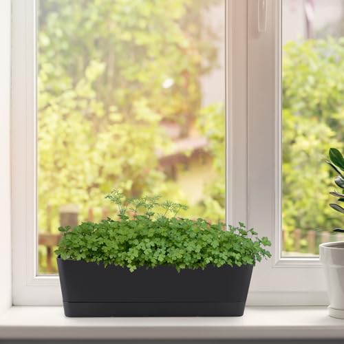 Skelang 2 Pcs Rectangular Plant Pot, 16.7" Flower Planter Box with Drainage Hole, Windowsill Container with Tray for Succulents, Herbs, Cacti, Black - color: Black