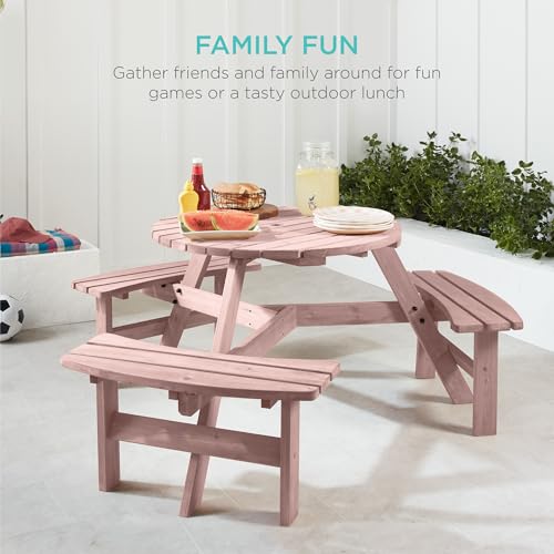 Best Choice Products 6-Person Circular Outdoor Wooden Picnic Table for Patio, Backyard, Garden, DIY w/ 3 Built-in Benches, 500lb Capacity - Rose Quartz - color: Rose Quartz
