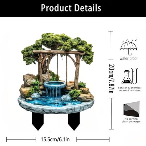 Wishing Well Waterfall Acrylic Garden Stake, Indoor and Outdoor Garden Acrylic Decoration, Idea Gift for Flower Potted Ornament and Landscape Beautification, Suitable for Courtyards and Lawn
