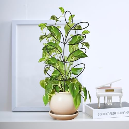 2 Pack 14.6 Inch Plant Trellis Indoor for Climbing Plants with 50 Plant Ties, Small Metal Garden Trellis for Potted Plants, Leaf Shaped Support for Ivy Hoya Pothos Monstera Houseplants
