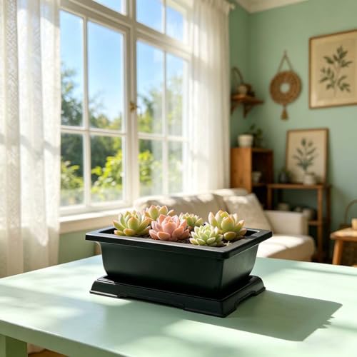 MUZHI 3PCS Retro Style Rectangular Garden Pots Bonsai Planters Pot with Tray Mocha Plastic Plant Pot with Pallet (3PCS Rect 7.5") - size: 3PCS Rect 7.5"