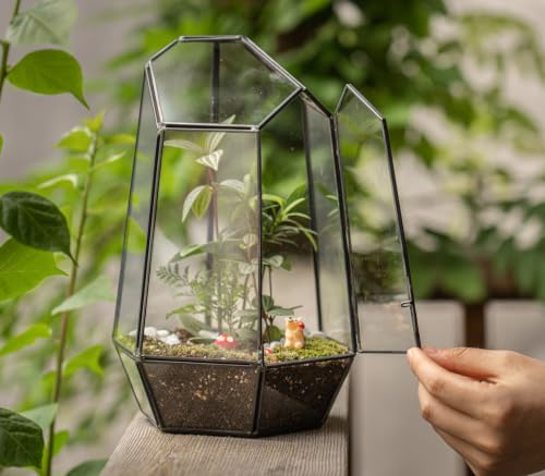 KRAFTSTORIES Geometric Glass Terrarium Planter with Door | Modern Style Black Container | Indoor Tabletop Home, Garden & Office Decor (Terrarium Only)