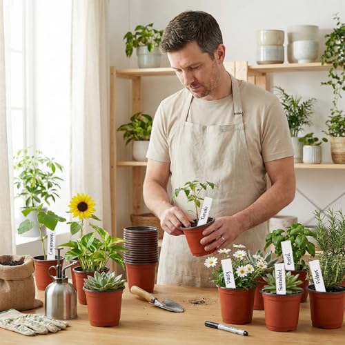 STARSIDE 100-Pack 4 Inch Nursery Pots, Plastic Plant Pots for Seedlings | Small Seed Starter Pots with Drainage Holes, Come with 100 Plant Labels for Vegetables, Flowers, and Succulent Cuttings
