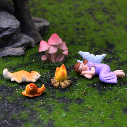 Miniature Fairy Garden Decorations Set, 5-Piece with Sleeping Fairy, Pink Mushrooms, Glowing Bonfire, Squirrel, and Snail, for Girls Fairy Garden Accessories - style: Sleeping Fairy Set 5pcs