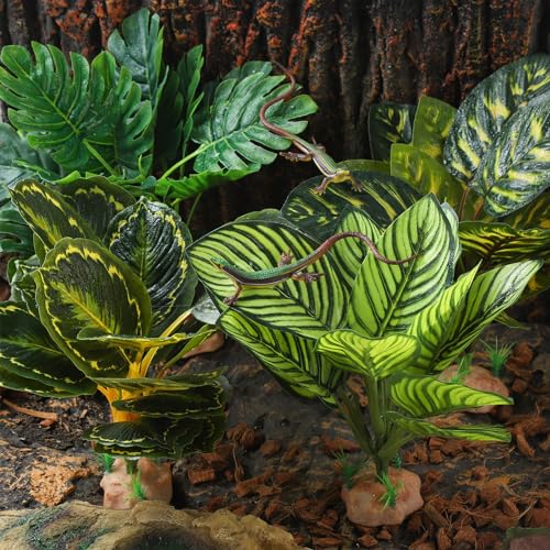 IBWell Reptile Plants - Tortoise Habitat Accessories, Artificial Spider Plant for Gecko, Ball Python, Tortoise Terrarium Decor - Calathea Makoyana B
