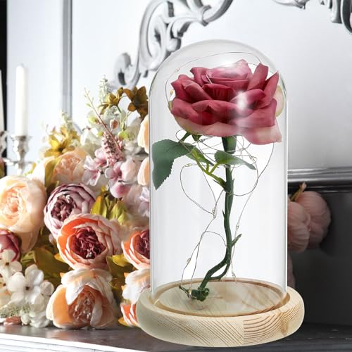 PATIKIL 6.1"x4.7" Clear Cloche Glass Dome, Glass Bell Jar Display Case Tabletop Centerpiece with Wood Base and LED Fairy Light for Wedding Home Decor - size: 6.1x4.7"