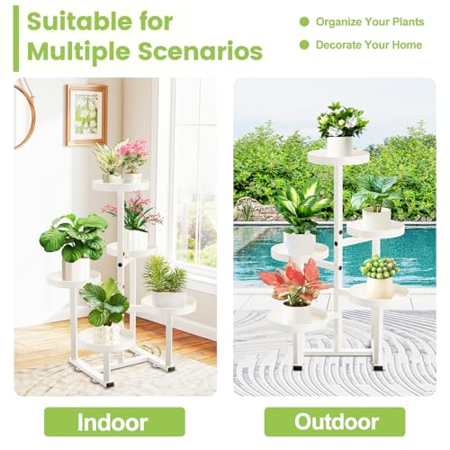 5 Tier Metal Heavy Duty Plant Stand Indoor Outdoor,27In Tall,White | 7.9In Pot,Save Space,Adjustable Foot Pad,Tiered Corner Plant Holders for Multiple Plants,Patio,Garden,Living Room, Balcony