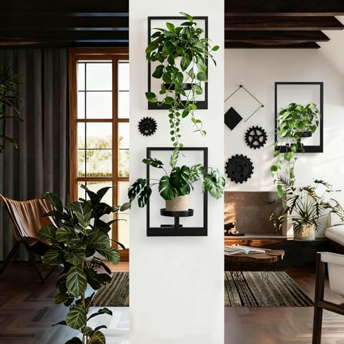 Garvee Wall Plant Holder, 3-Pack Metal Hanging Shelves, Indoor Planter Set | Square Wall Mounted Plant Shelves with 6 in Tray, Modern Window Plant Stand Hold 20 lbs, for Bedroom Living Room Home Decor