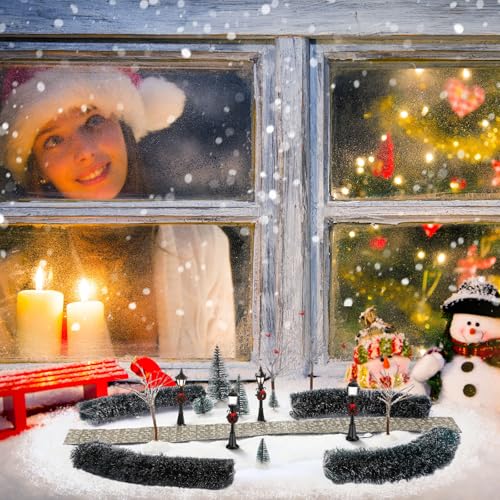 Hotop 18pc Christmas Village Accessories 47.2 Inch Village Roads Mini Snowy Trees Streets Light Lamppost Hedge Figurines Set for Display Winter Holiday Decorations DIY Crafts No Batteries(Cute) - style: Cute
