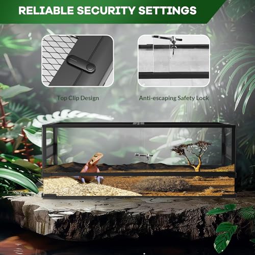Front-Opening Glass Reptile Terrarium Tank - Tempered Glass, Escape-Proof Design, Double-Hinged Doors, Top/Side Screen Ventilation, Water-Tight Base - 48 x 18 x 18 in, 67 Gallon - size: 48x18x18 inch