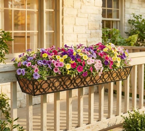 Y&M 36 Inch Window Deck Planter with Coco Liner, Metal Hanging Flower Boxes for Fence, Railing, Balcony, and Outdoor Garden Lawn – 4pcs - color: Flower 36in 4p