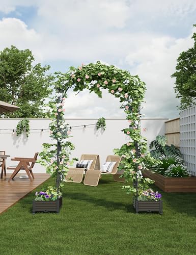 47" Rolling Garden Arch Trellis with Planter Box – Rustproof Metal Frame | Rolling arch frame with wheels serves as trellis for climbing plants or decorative display stand for weddings and parties - size: Span 47.2"
