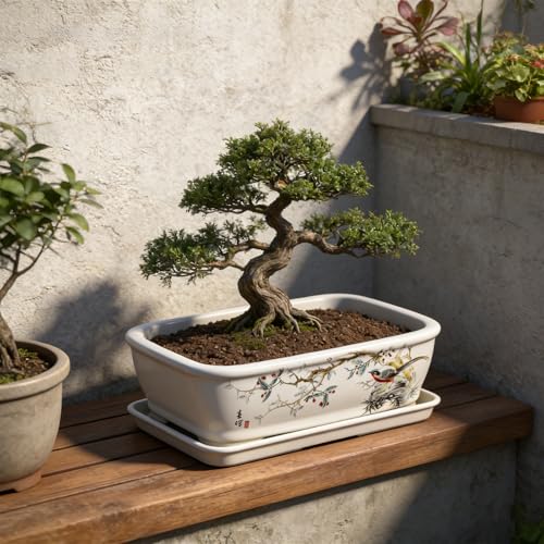 8" Bonsai Pots with Tray, Rectangular Planter in Blue & White - color: White Flower and Bird