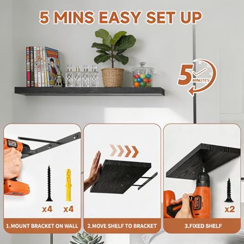 Easy Install 15.6 Inch Floating Wall Shelves Set of 3 Black - color: Black Floating, size: 15.6 Inch