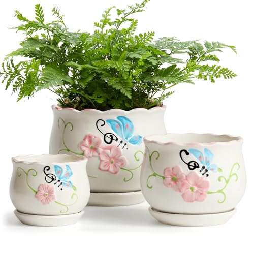 Ceramic Plant Pots with Drainage Holes and Saucers, Small Planters Set of 3 - color: White02
