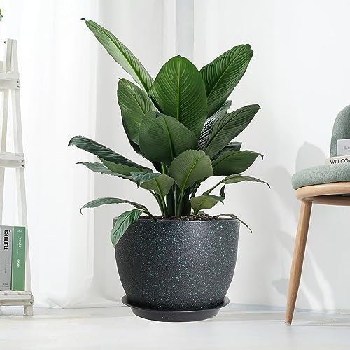 UOUZ 12/10/9 Large Modern Plant Pots, Plastic Planters with Drainage Holes and Saucers for Indoor Outdoor Plants Flowers, Black with Green Speckles - color: Black With Green Speckles