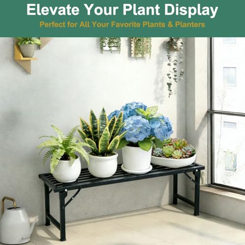 Foldable Plant Stand, No Assembly Heavy Duty Iron Plant Shelf, Rustproof Single Tier Plant Rack for Indoor Outdoor, Long Narrow Flower Stand for Patio Balcony Garden Living Room, L33" xH11.7"x W9.7" - size: L33”xH11.7"xW9.7"