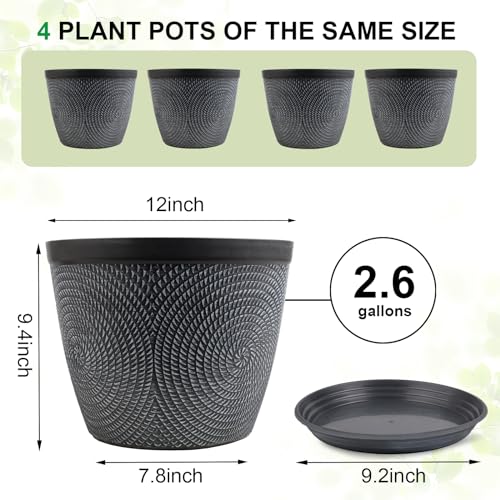 Quarut 12 in Large Plant Pot,Plastic Flower Pots with Drainage Hole &Saucer - color: Gray, size: 12 Inch