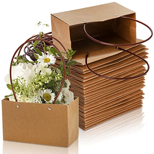 DEAYOU 10-Pack Kraft Paper Flower Gift Bags, Brown Bouquet Bag Box with Handle, Small Brown Paper Carrier Tote Bags with Waterproof Lining for Floral Arrangements, Party Favor, Ultra Thick