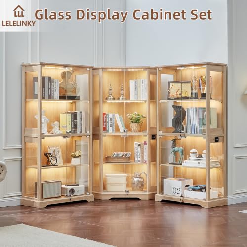 LELELINKY Farmhouse Glass Display Cabinet Set of 3 with Lock, Natural Wood - color: Natural, size: Set C