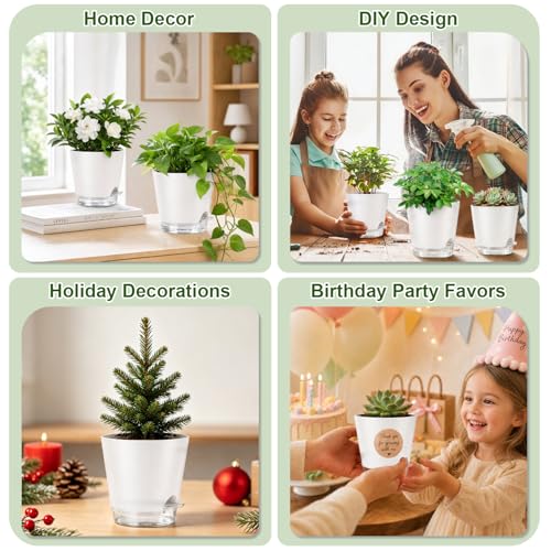 QRRICA 5/5.5/6/6.5/7/8 inch Self Watering Pot Set, Visible Water Level Planter with Transparent Reservoir & Drainage Holes, Plastic Flower Pots with Cotton Rope for Indoor/Outdoor Use (White) - color: White