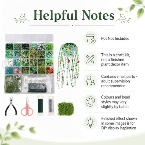 Xapryon Green Glass Beaded Plant Kit with Wire and Craft Guide | Green glass leaf and floral beads with flexible wire and faux moss for beaded plants, jewelry, ornaments and suncatchers